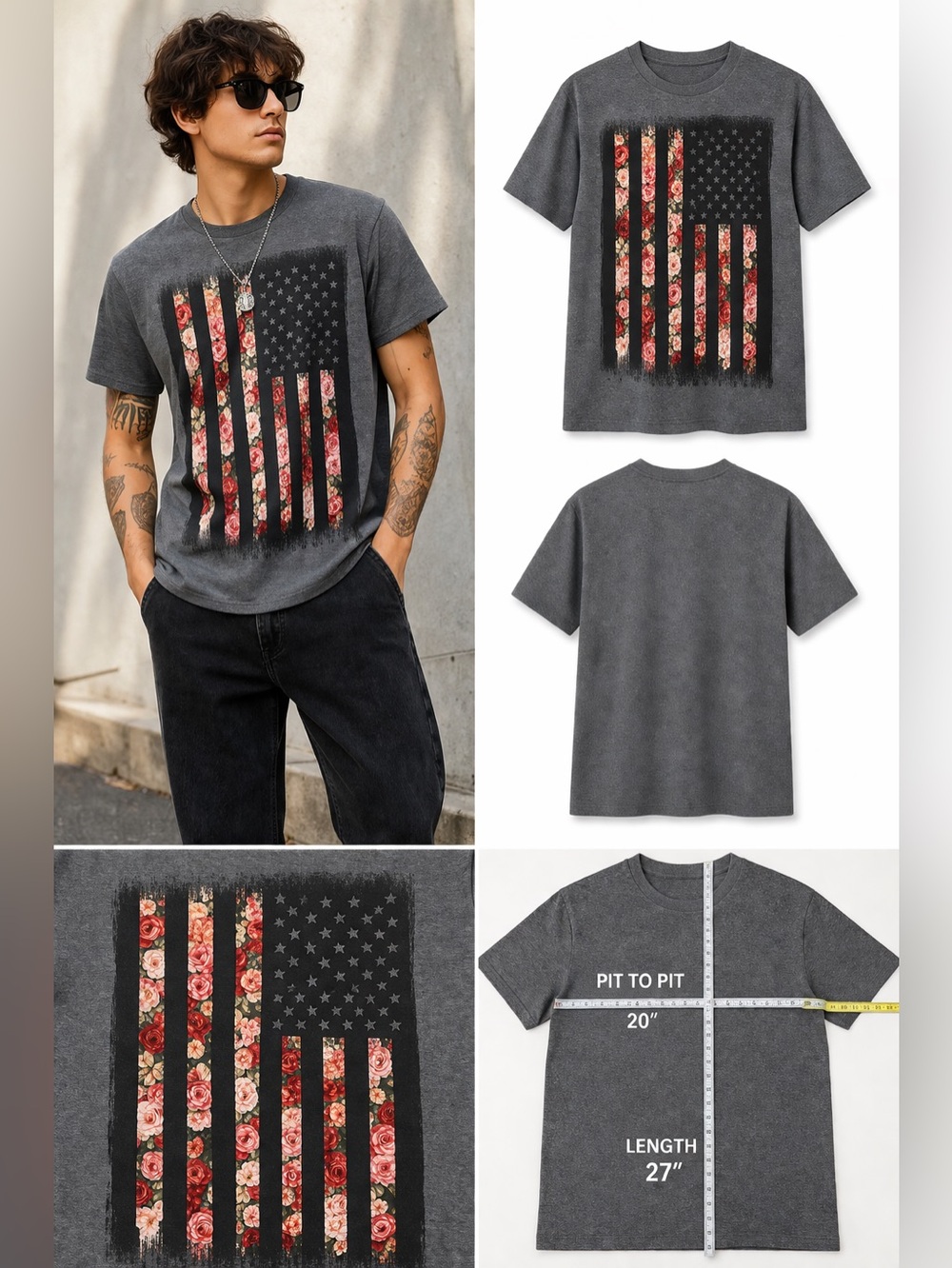 Floral American Flag Graphic Tee Gray Crew Neck Patriotic Grunge Streetwear M‎